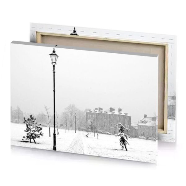 a person walking in the snow near street light silver canvas - Image 4