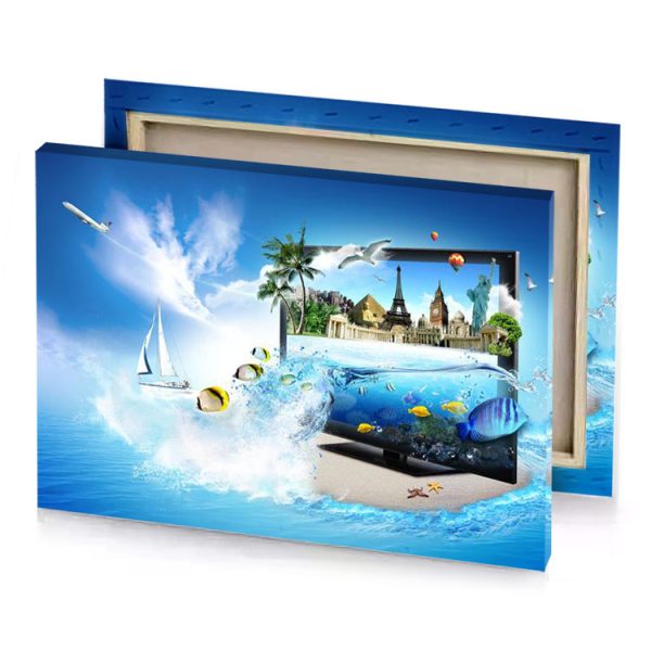 a picture of beach with boat and lavender canvas - Image 4