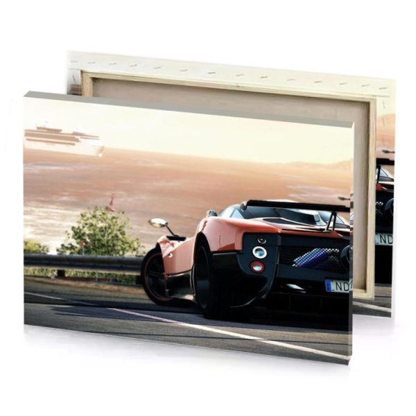a pink car driving down road next to cruise ship rosy brown canvas - Image 4