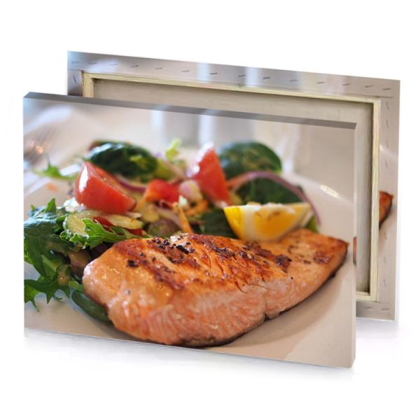 a plate of food with salmon and vegetables silver canvas - Image 4