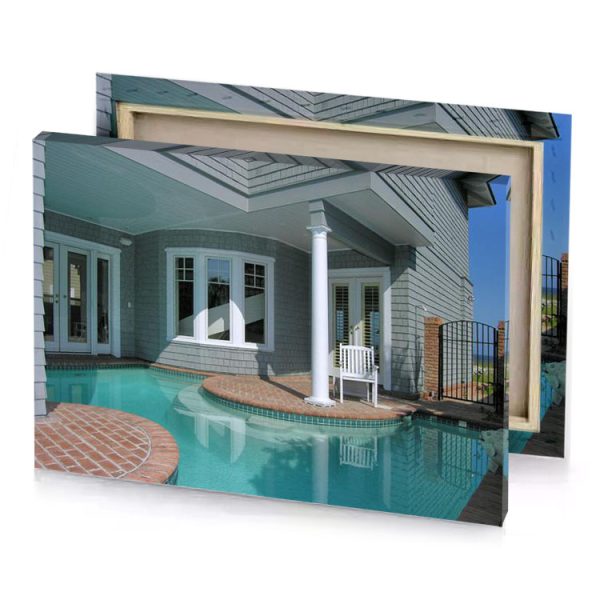 a pool with white column and brick patio lavender canvas - Image 4
