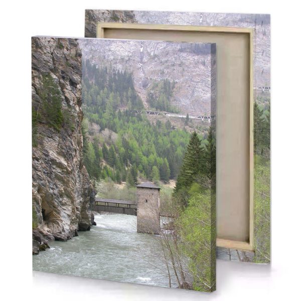 a river with bridge and mountain in the background camouflage green canvas - Image 4