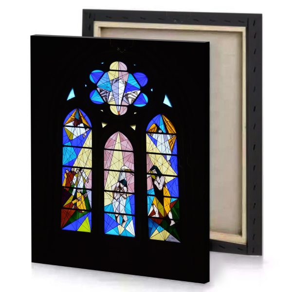 a stained glass window with man and woman royal blue canvas - Image 4