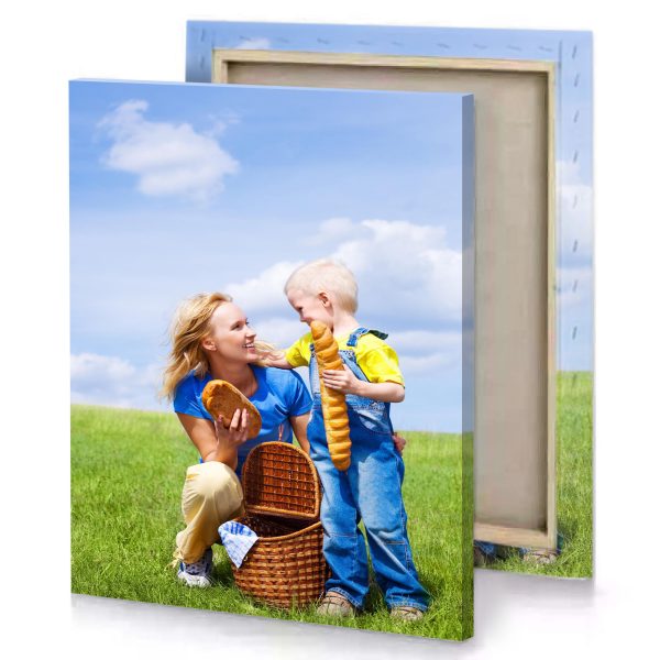 a woman and child are sitting in the grass light blue canvas - Image 4
