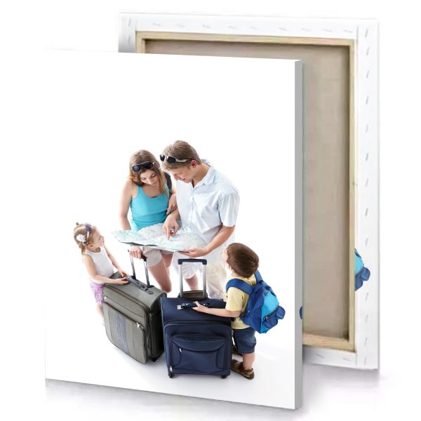 a woman and two children are looking at map ghost white canvas - Image 4