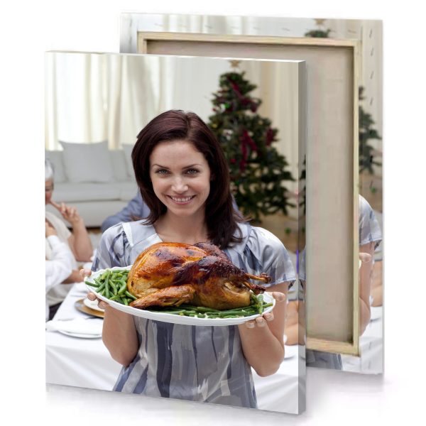 a woman holding plate of food with turkey on it platinum canvas - Image 4