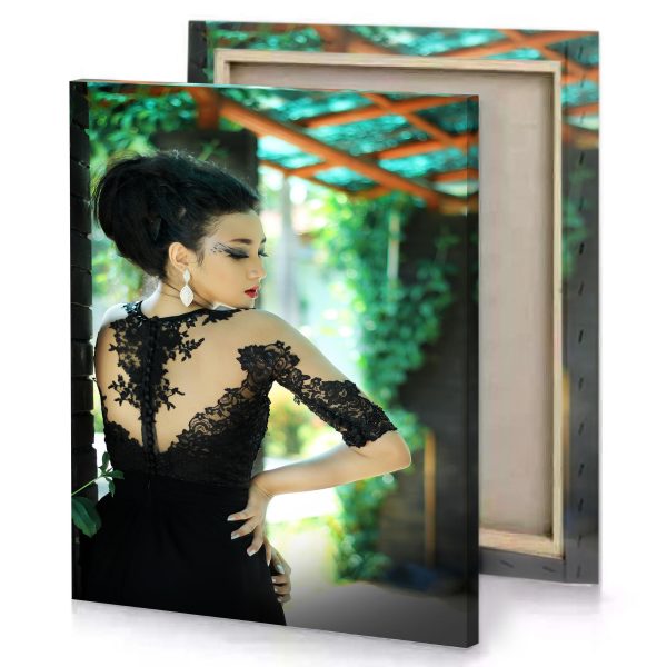 a woman in black dress standing next to brick wall smoky canvas - Image 4