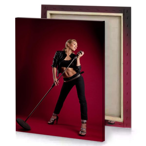 a woman in black top and pants holding cane burgundy canvas - Image 4