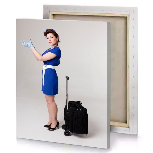 a woman in blue dress and hat with suitcase silver canvas - Image 4