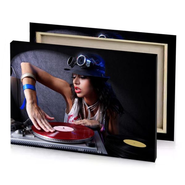 a woman in hat and sunglasses playing record smoky black canvas - Image 4