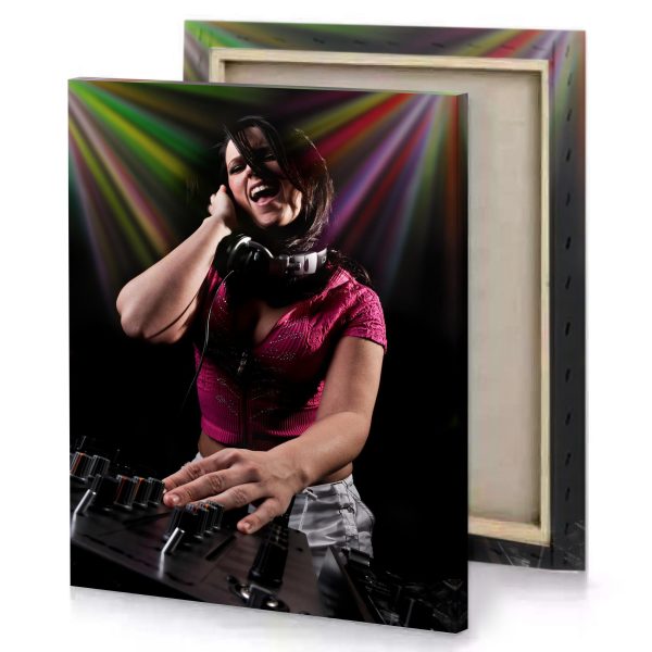 a woman in pink shirt is playing dj burgundy canvas - Image 4
