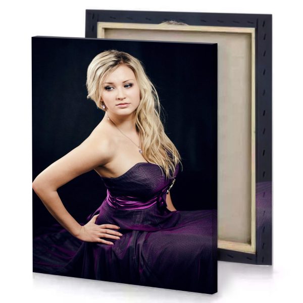 a woman in purple dress posing for photo smoky black canvas - Image 4
