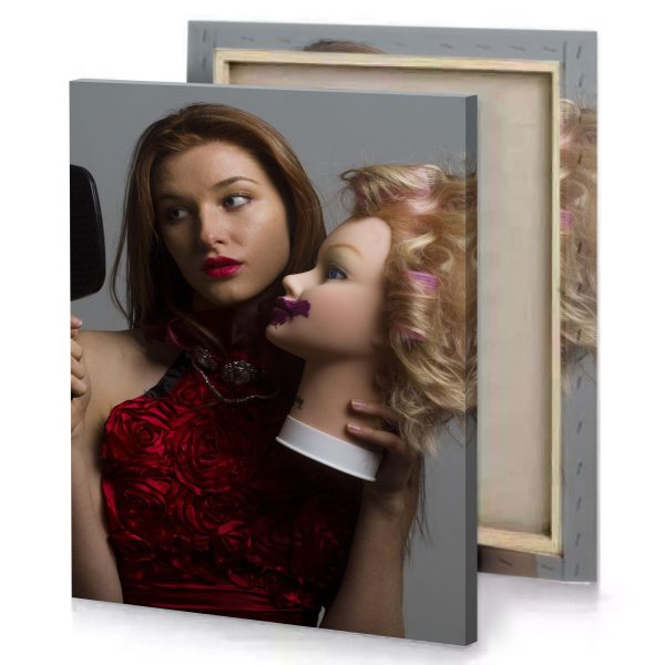 a woman in red dress holding black comb and mirror gray canvas - Image 4