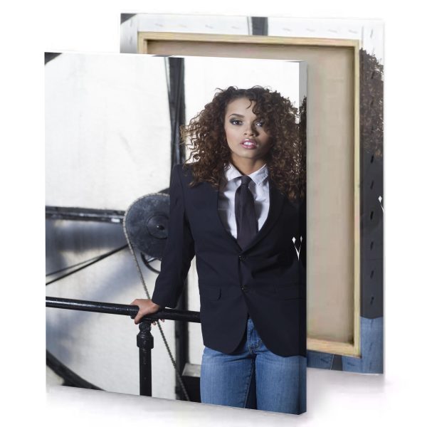 a woman in suit and tie standing front of clock white smoke canvas - Image 4