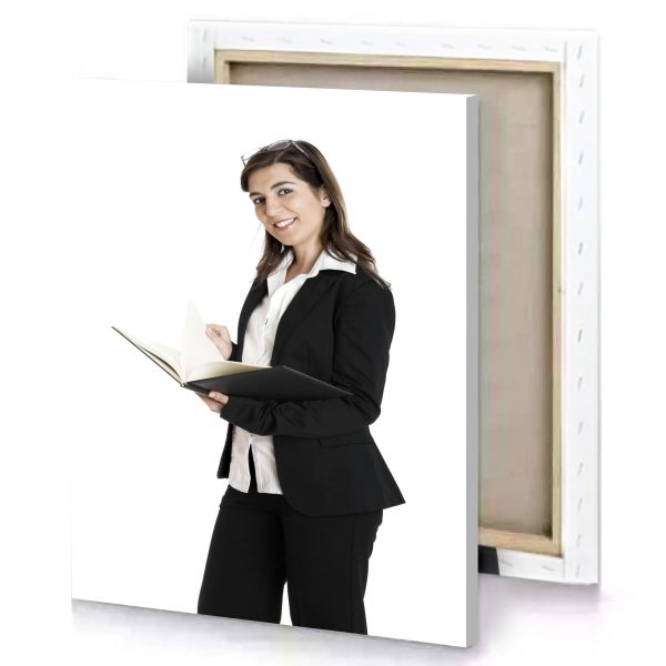 a woman in suit holding book white canvas - Image 4
