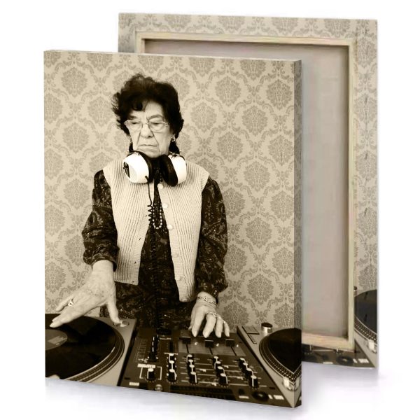 a woman in vest and tie is playing dj tan canvas - Image 4