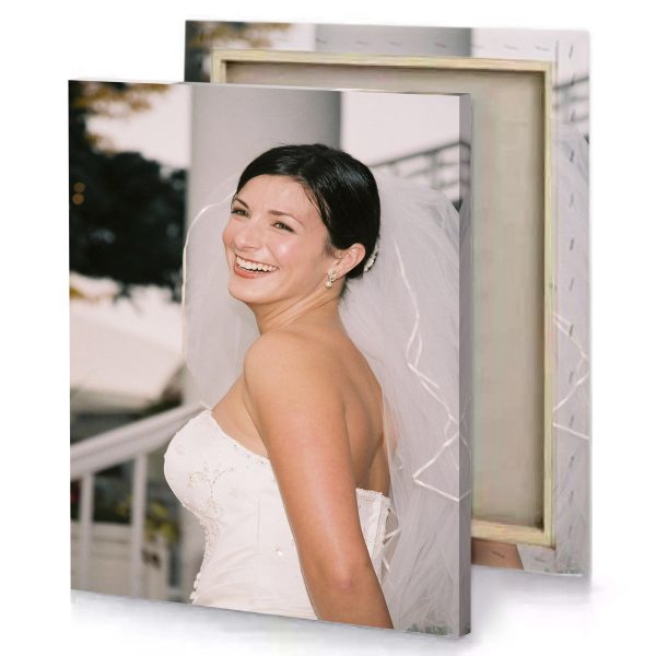 a woman in wedding dress smiles at the camera silver canvas - Image 4