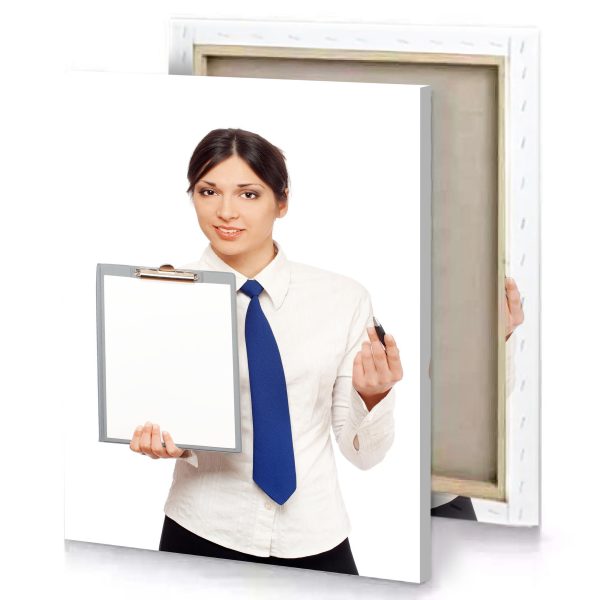 a woman in white shirt and blue tie holding clipboard snow canvas - Image 4