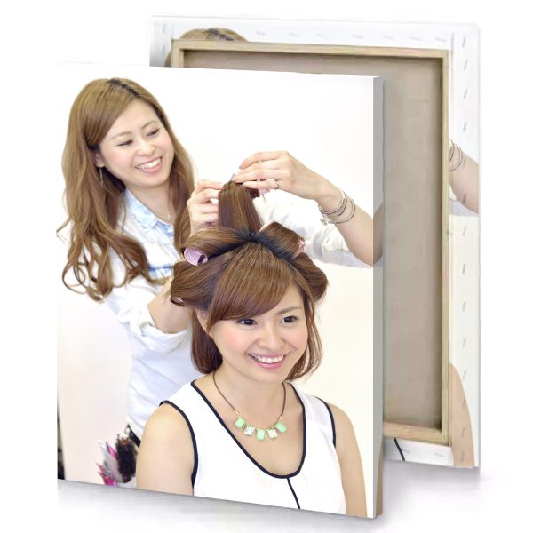 a woman is getting her hair done white smoke canvas - Image 4
