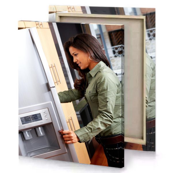 a woman is opening the door of refrigerator lavender canvas - Image 4