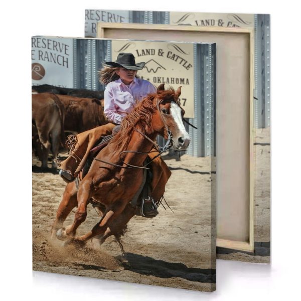 a woman riding horse in pen bistre canvas - Image 4