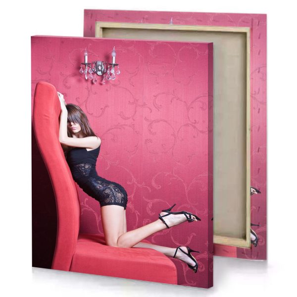 a woman sitting on red chair in room pale violet canvas - Image 4