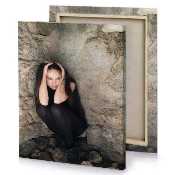 a woman sitting on rock in cave camouflage green canvas - Image 4
