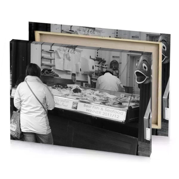 a woman standing in front of fish shop silver canvas - Image 4