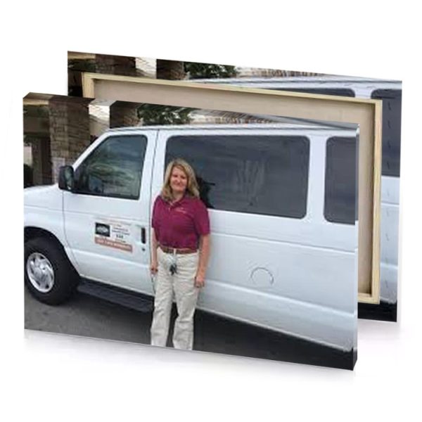 a woman standing in front of white van garnet canvas - Image 4