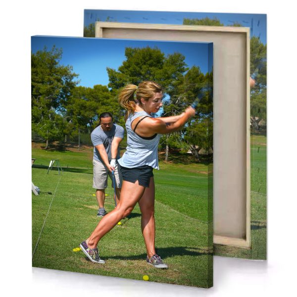 a woman swinging golf club swing dark olive green canvas - Image 4