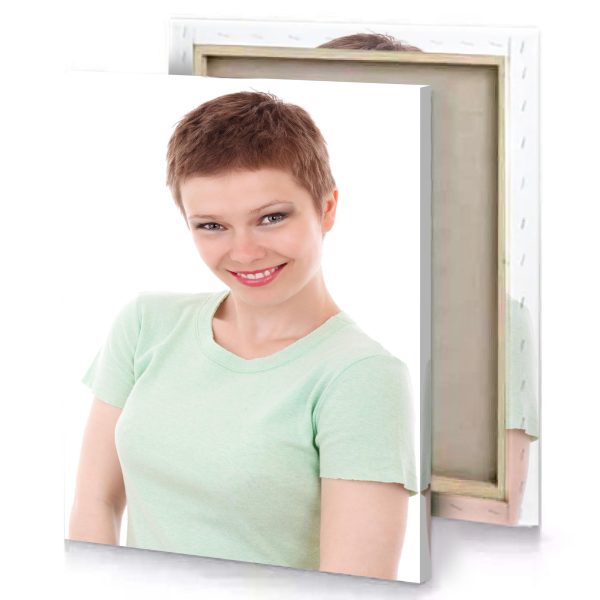 a woman with green shirt and smile linen canvas - Image 4