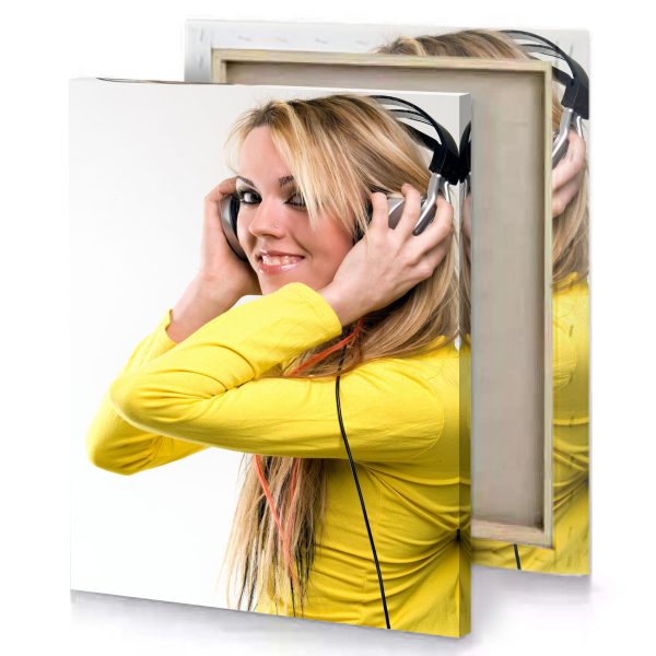 a woman with headphones on dark golden rod canvas - Image 4