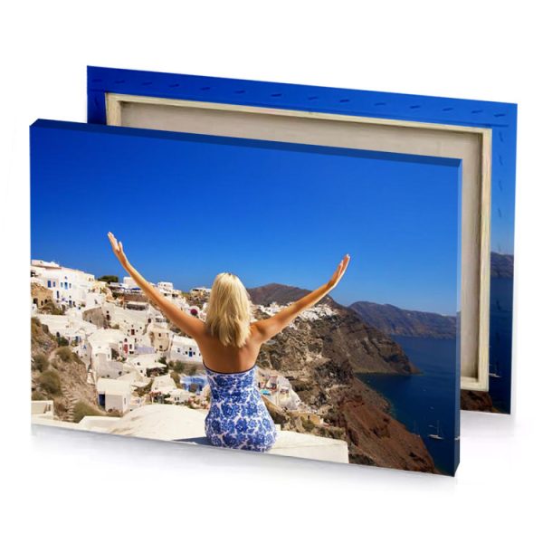a woman with her arms outstretched denim blue canvas - Image 4