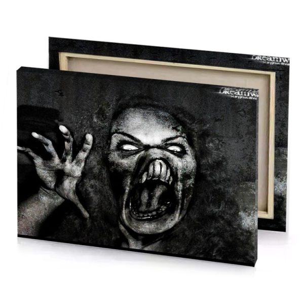 a woman with her hands up and face painted black silver canvas - Image 4