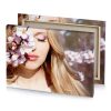 a woman with long blonde hair and pink makeup standing peach canvas - Image 4