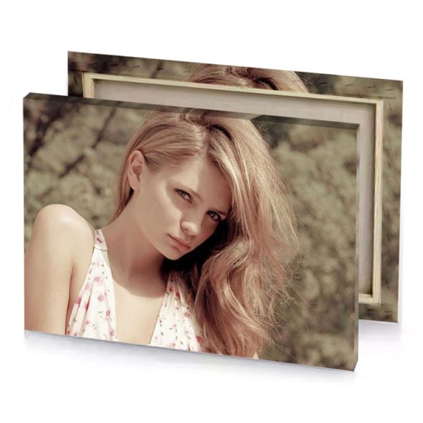 a woman with long blonde hair and white dress camouflage green canvas - Image 4