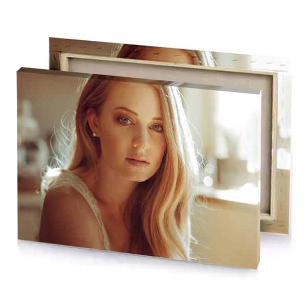 a woman with long blonde hair and white dress tan canvas - Image 4