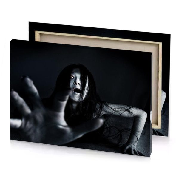 a woman with long hair and bloody face gray canvas - Image 4