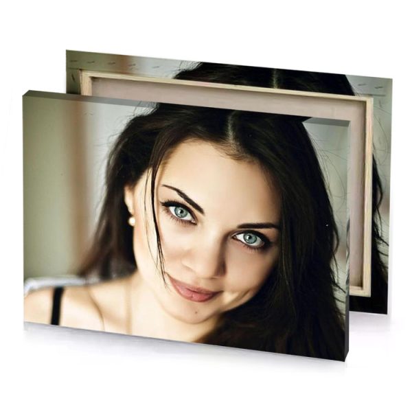 a woman with long hair and blue eyes camouflage green canvas - Image 4