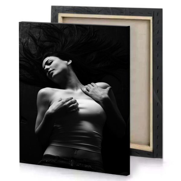 a woman with long hair laying on bed silver canvas - Image 4