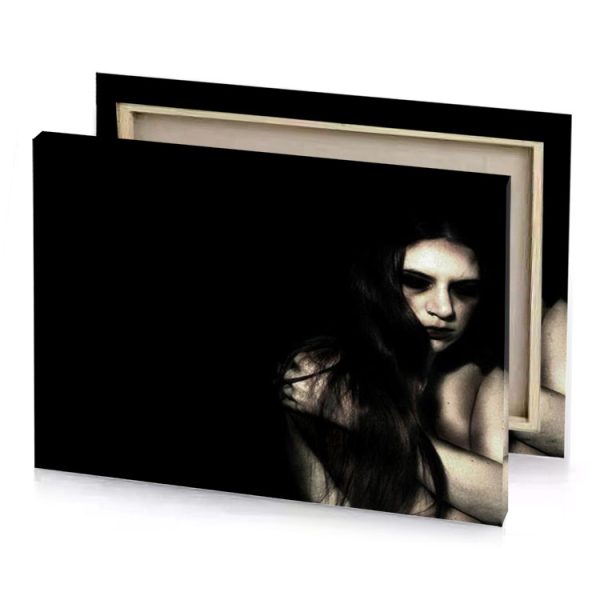 a woman with long hair standing in the dark black canvas - Image 4