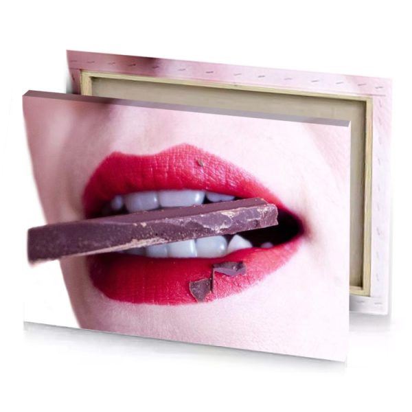 a woman with piece of chocolate in her mouth brown canvas - Image 4