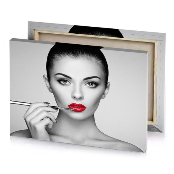a woman with red lipstick and black white background silver canvas - Image 4