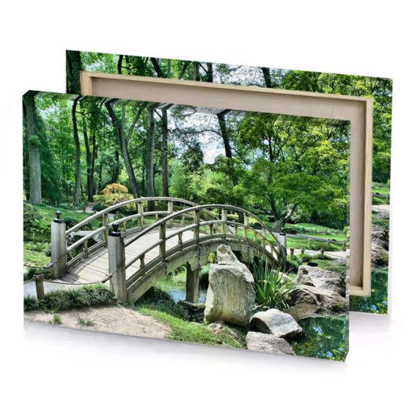 a wooden bridge over small pond hunter green canvas - Image 4