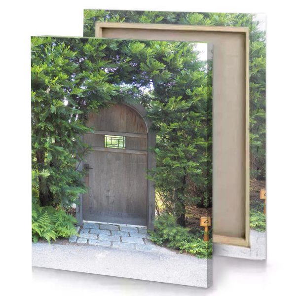 a wooden door surrounded by trees and bushes camouflage green canvas - Image 4
