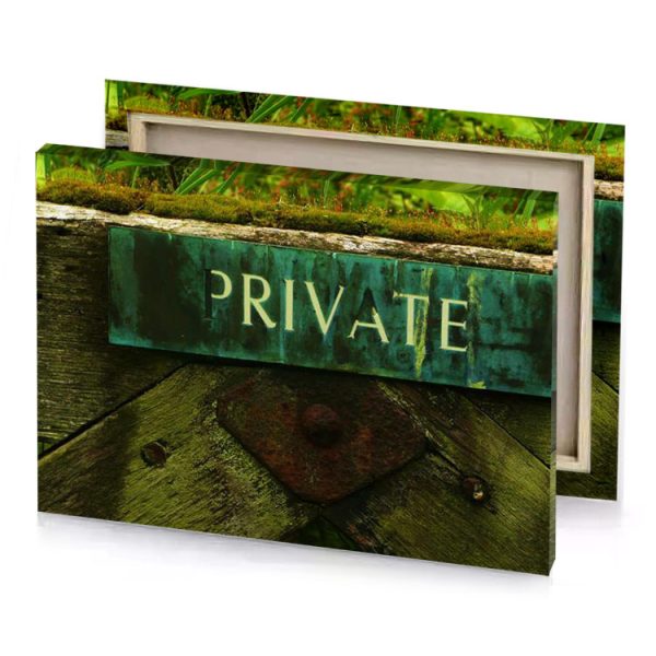 a wooden fence with sign that says private hunter green canvas - Image 4