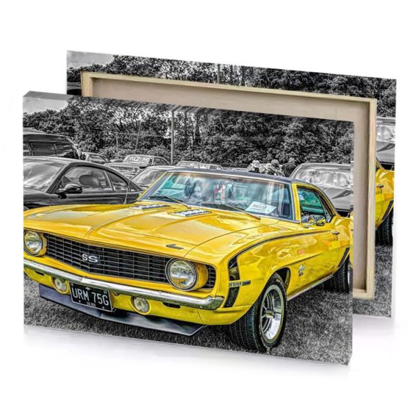 a yellow car parked in field next to other cars orange canvas - Image 4