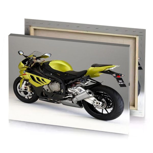 a yellow motorcycle is parked on white surface smoky black canvas - Image 4