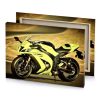 a yellow motorcycle parked on road next to hill khaki canvas - Image 4
