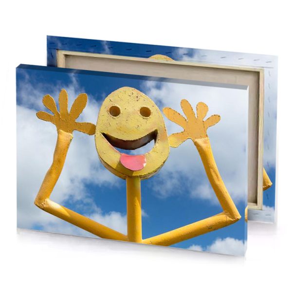 a yellow sculpture with smiley face and arms fawn canvas - Image 4